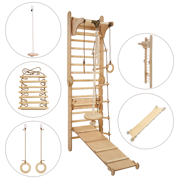 3 In 1 Climbing Set: Adjustable Pikler Triangle + Swedish Ladder Wall Attachments + Reversible Ramp + Swing Set