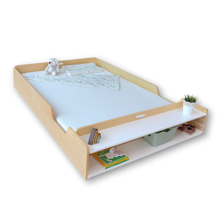 Montessori Floor Bed With Rails & Shelf (FULL) Made In Canada