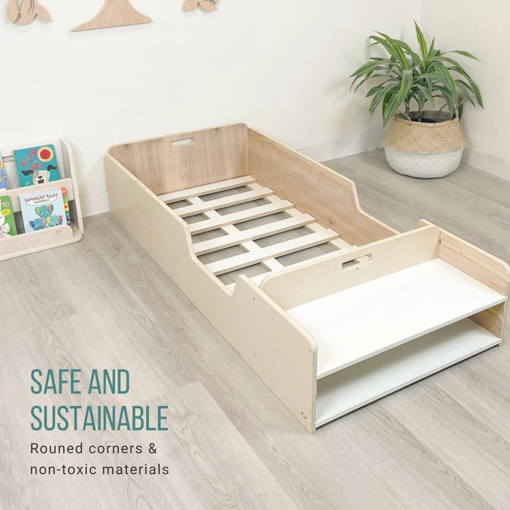 Montessori Floor Bed with Rails & Shelves (TWIN) Made in Canada
