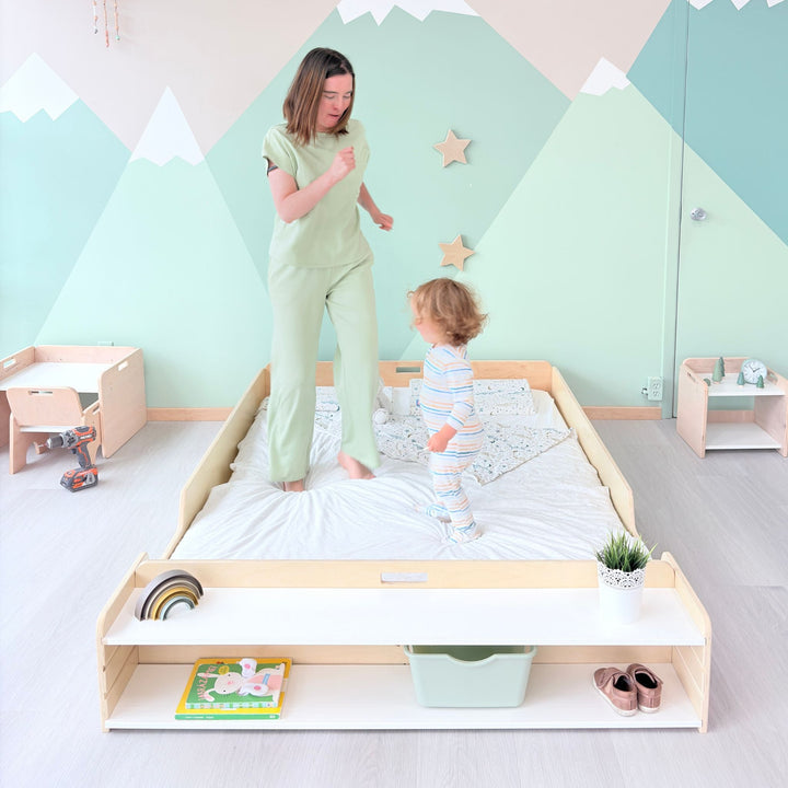 Montessori Floor Bed With Rails & Shelf (FULL) Made In Canada