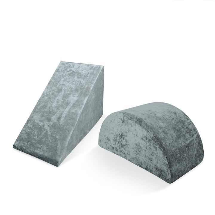 A gray wedge and rocker bundle designed for use with the Go Coconut Play Couch, intended for children's play.