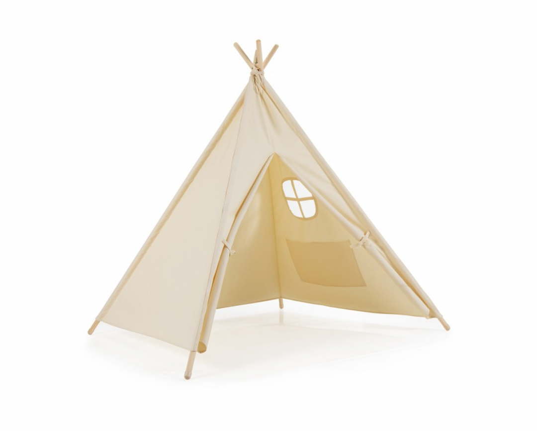 Wooden frame teepee play tent set up in a child's room