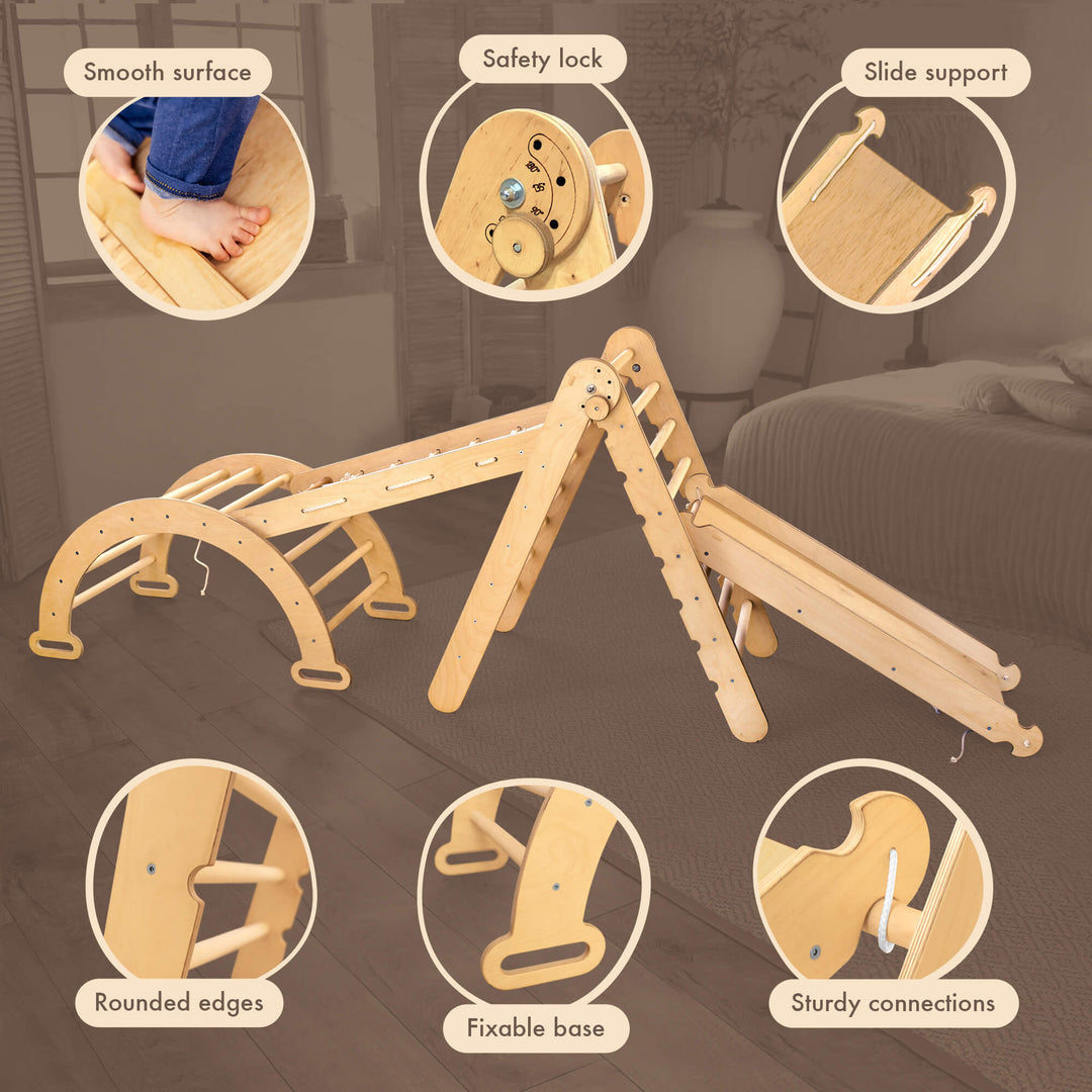 4 In 1 Montessori Climbing Frame Set: Triangle Ladder + Arch/Rocker + Slide/Ramp + Climbing Net