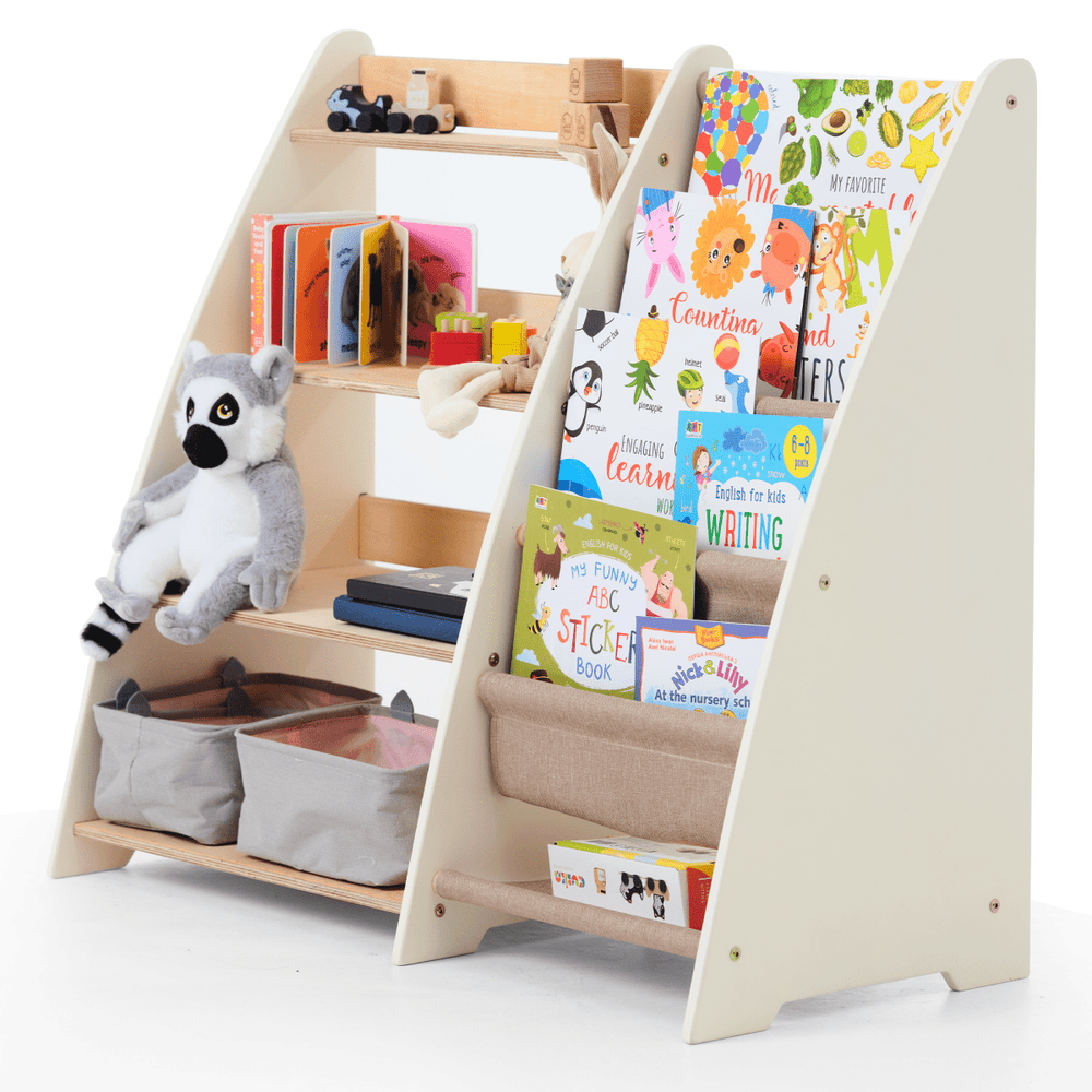 Children's bookshelf with books and toys on a white background