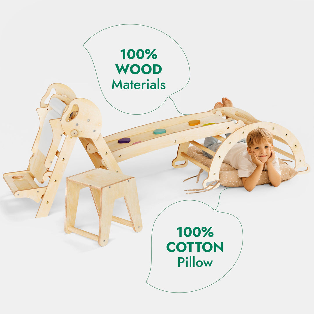 5in1 Montessori Climbing Set: Pikler Triangle, Arch, Slide Board, Art Addition and Cushion for Toddlers (1–3 Years)