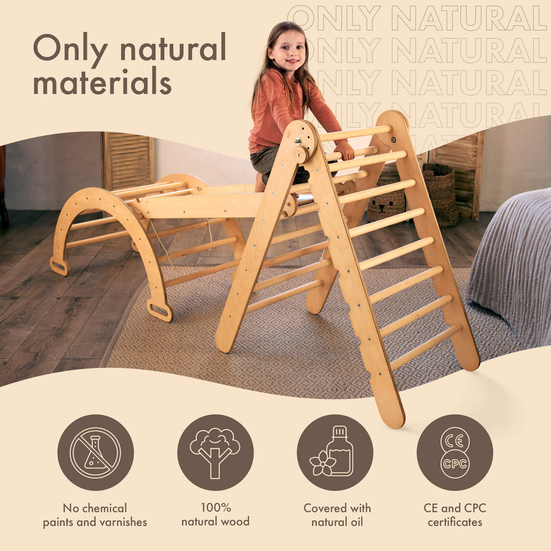 4 In 1 Montessori Climbing Frame Set: Triangle Ladder + Arch/Rocker + Slide/Ramp + Climbing Net