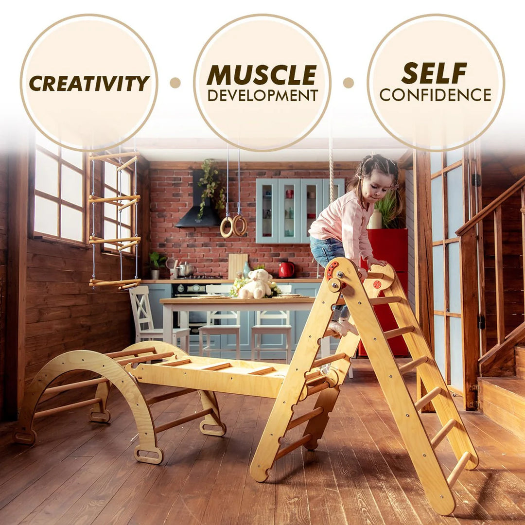 6 In 1 Montessori Climbing Frame Set: Triangle Ladder + Arch/Rocker + Slide/Ramp + Net + Cushion + Art Addition