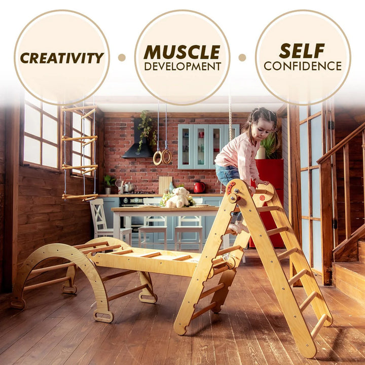 6 In 1 Montessori Climbing Frame Set: Triangle Ladder + Arch/Rocker + Slide/Ramp + Net + Cushion + Art Addition