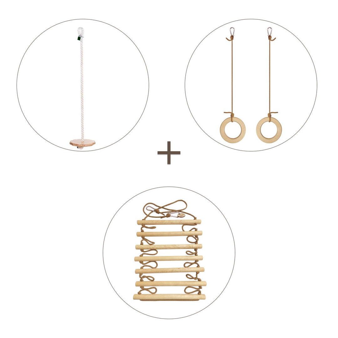 3 In 1 Swings Set: Rope Ladder + Gymnastic Rings + Disc Rope Swing