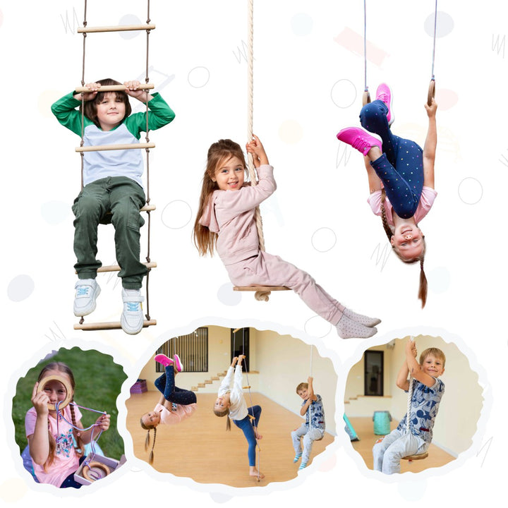 3 In 1 Swings Set: Rope Ladder + Gymnastic Rings + Disc Rope Swing