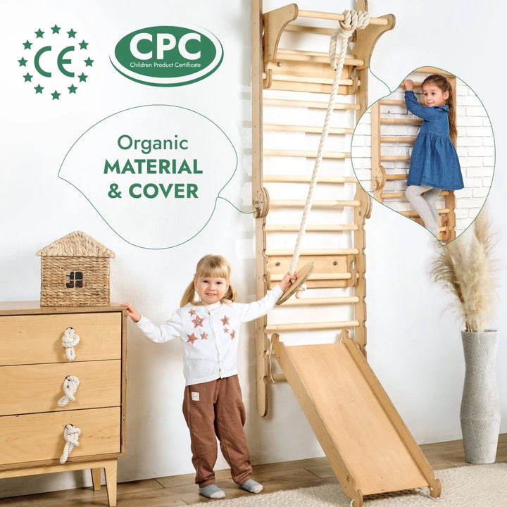 3 In 1 Climbing Set: Adjustable Pikler Triangle + Swedish Ladder Wall Attachments + Reversible Ramp + Swing Set