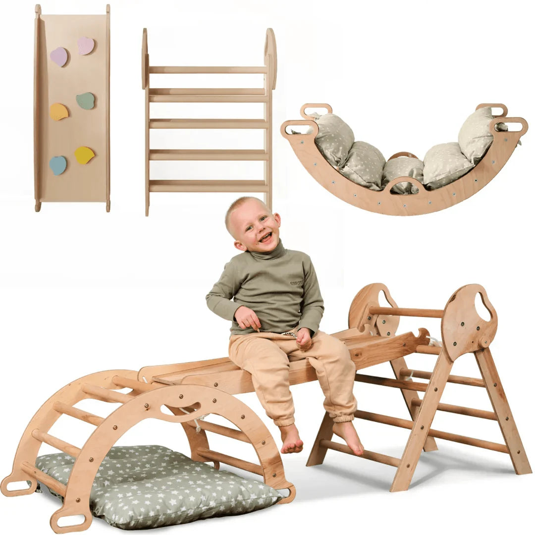 Compact 4 in 1 Pikler Triangle Set with Arch and Slide, Beige