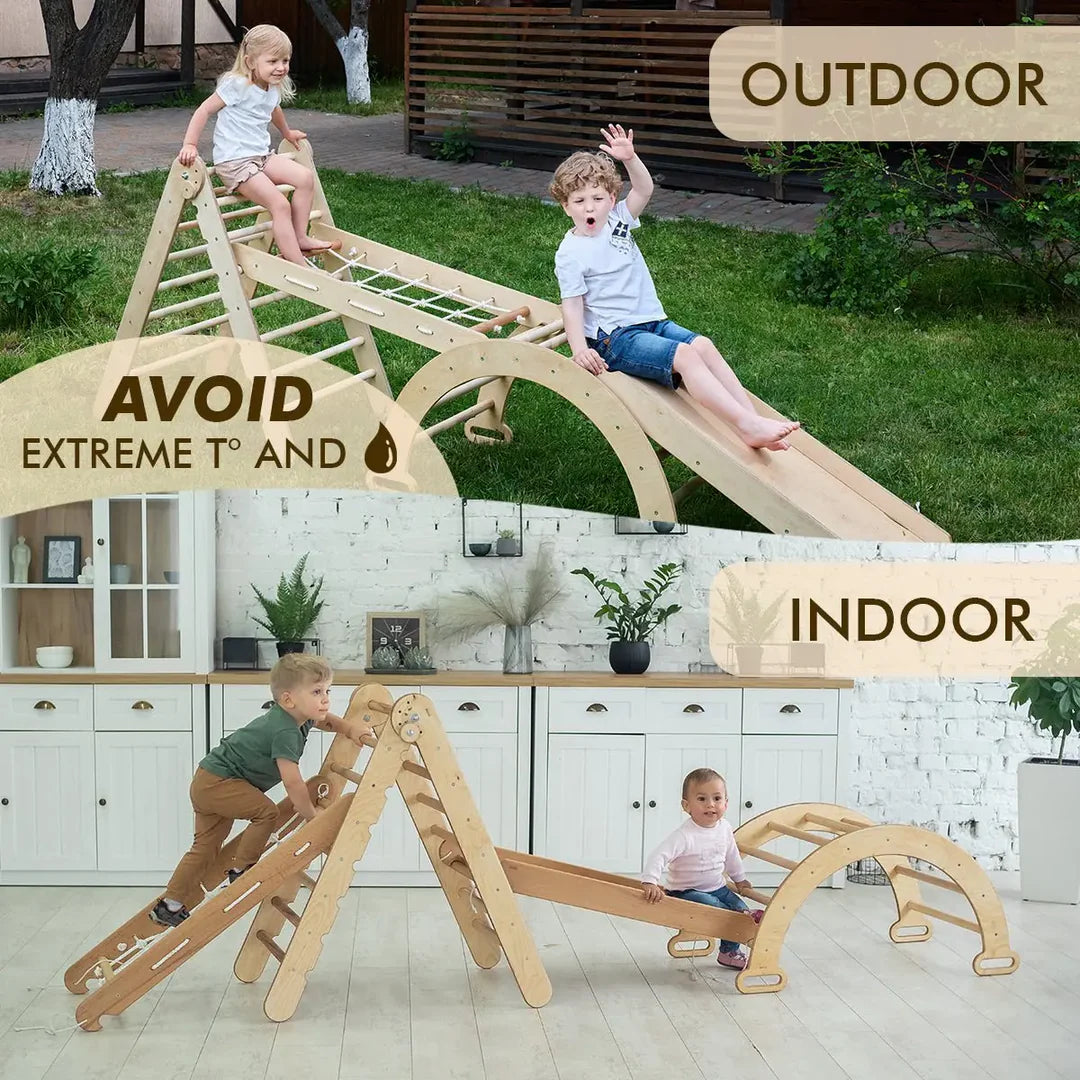 5 In 1 Montessori Climbing Set: Triangle Ladder + Arch/Rocker + Slide Board/Ramp + Net + Cushion – Beige
