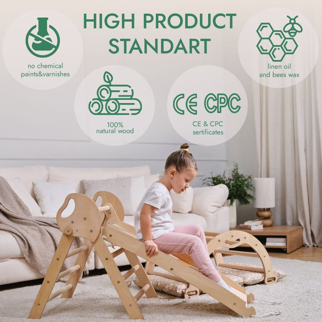 4in1 Montessori Climbing Frame: Pikler Triangle + Arch + Slide Board + Cushion for Toddlers (1–3 Years) - Beige