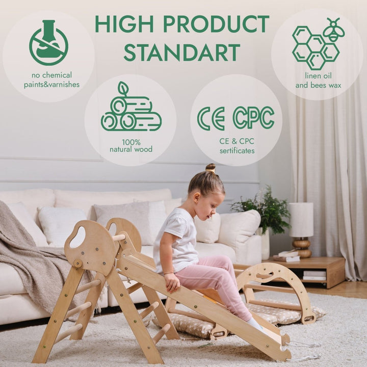 4in1 Montessori Climbing Frame: Pikler Triangle + Arch + Slide Board + Cushion for Toddlers (1–3 Years) - Beige
