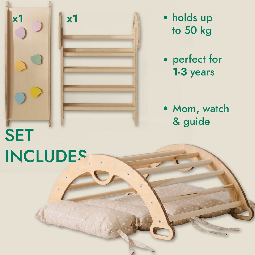 4in1 Montessori Climbing Frame: Pikler Triangle + Arch + Slide Board + Cushion for Toddlers (1–3 Years) - Beige