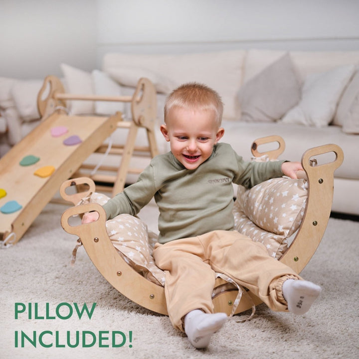 4in1 Montessori Climbing Frame: Pikler Triangle + Arch + Slide Board + Cushion for Toddlers (1–3 Years) - Beige