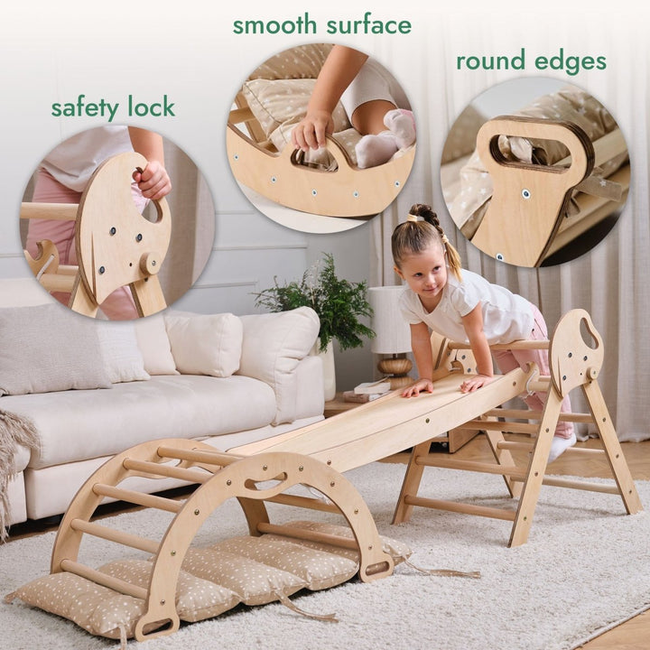 4in1 Montessori Climbing Frame: Pikler Triangle + Arch + Slide Board + Cushion for Toddlers (1–3 Years) - Beige
