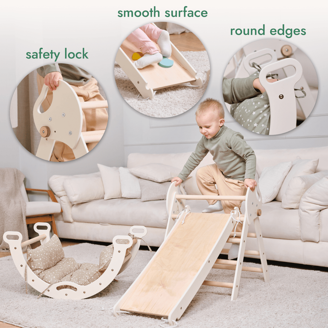 4in1 Montessori Climbing Frame: Pikler Triangle + Arch + Slide Board + Cushion for Toddlers (1–3 Years) - Beige