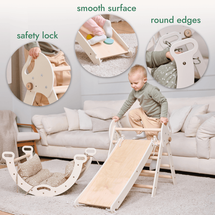4in1 Montessori Climbing Frame: Pikler Triangle + Arch + Slide Board + Cushion for Toddlers (1–3 Years) - Beige