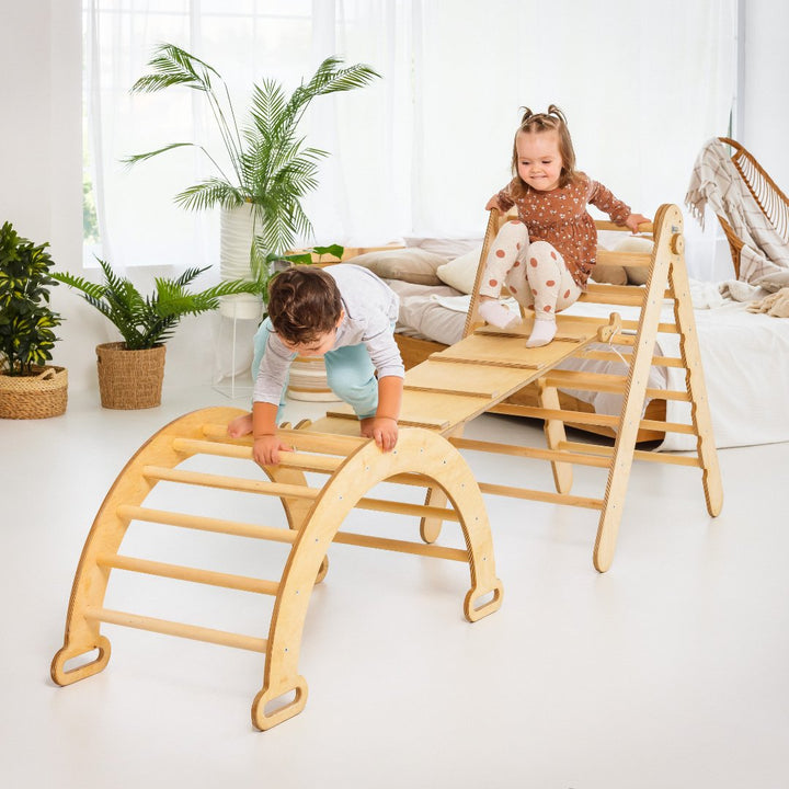 4in1 Montessori Climbing Set: Triangle Ladder + Climbing Arch + Slide Board + Cushion Beige