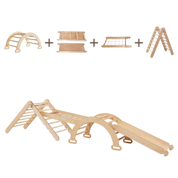 4in1 Montessori Climbing Frame Set: Triangle Ladder + Arch/Rocker + Slide Board/Ramp + Netting rope