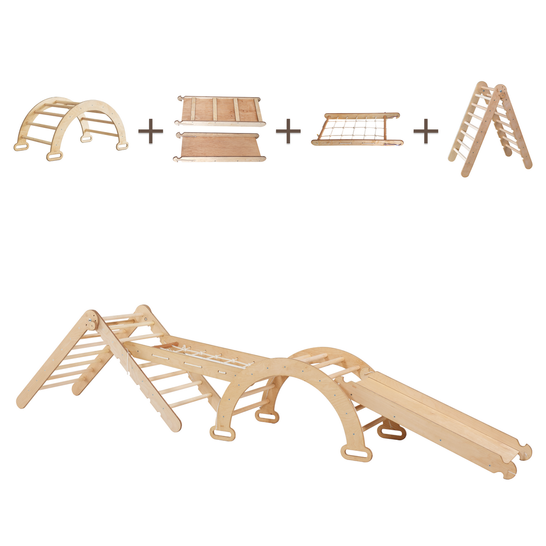 4in1 Montessori Climbing Set: Triangle Ladder + Arch/Rocker + Slide Board/Ramp + Climbing Net – Beige