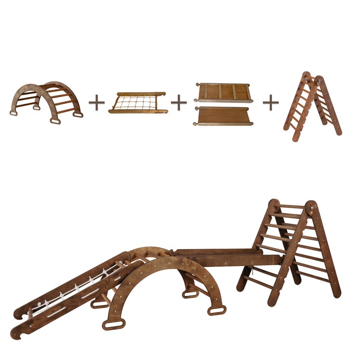 4 In 1 Montessori Climbing Frame Set: Triangle Ladder + Arch/Rocker + Slide/Ramp + Climbing Net