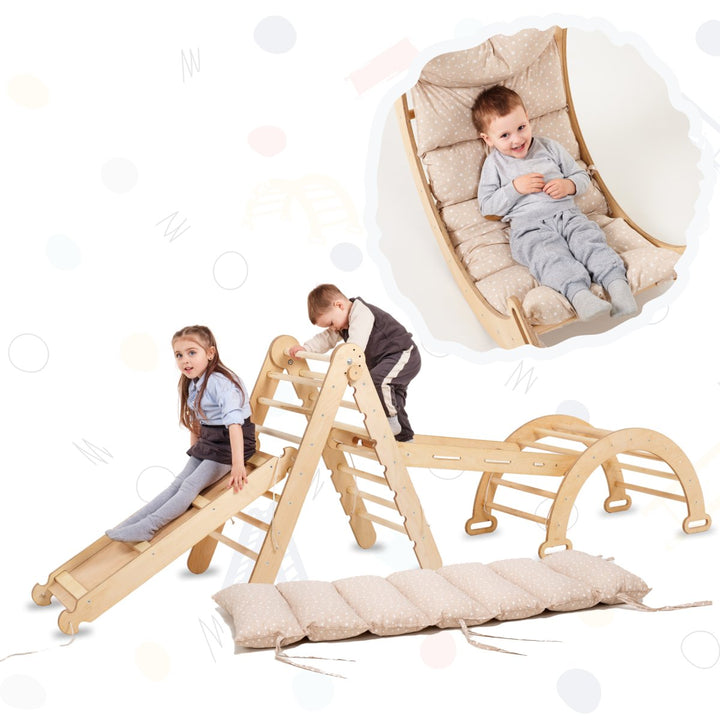 5 In 1 Montessori Climbing Set: Triangle Ladder + Arch/Rocker + Slide Board/Ramp + Net + Cushion – Beige