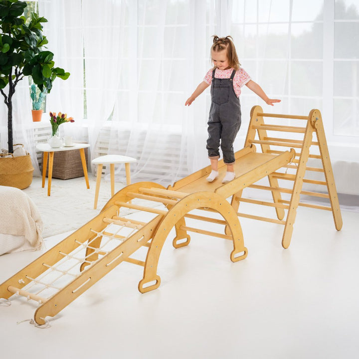 5 In 1 Montessori Climbing Set: Triangle Ladder + Arch/Rocker + Slide Board/Ramp + Net + Cushion – Beige