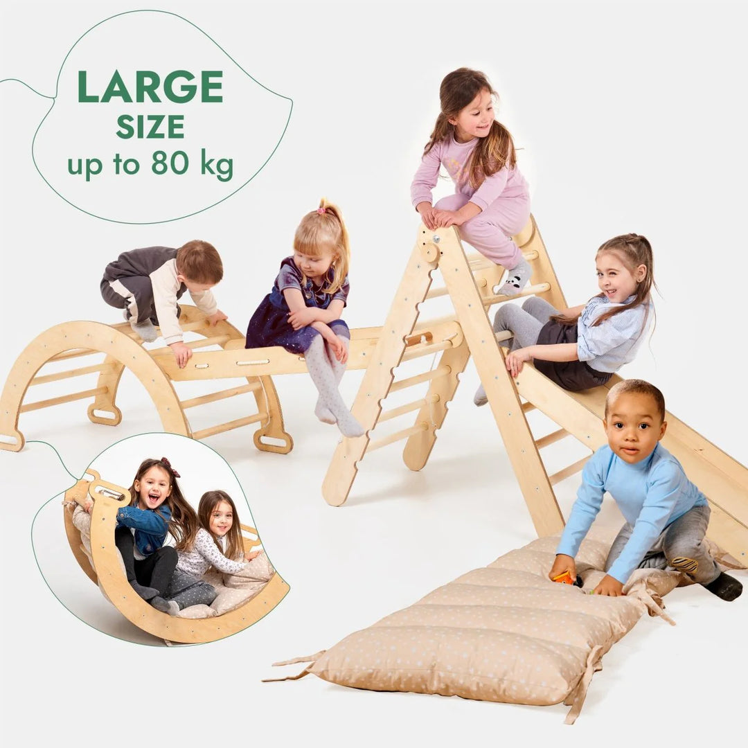 5-in-1 Montessori Wooden Climber Playset – Pikler Triangle, Rocker, Slide, Net & Cushion (Foldable Indoor Gym)