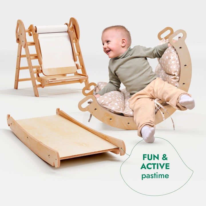 5in1 Montessori Climbing Set: Pikler Triangle, Arch, Slide Board, Art Addition and Cushion for Toddlers (1–3 Years)