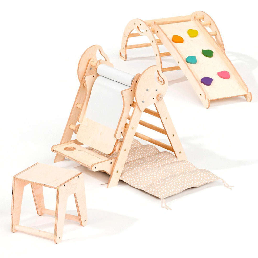 5in1 Montessori Climbing Set: Pikler Triangle, Arch, Slide Board, Art Addition and Cushion for Toddlers (1–3 Years)