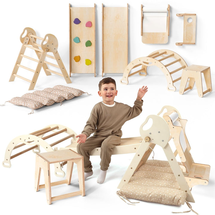5in1 Montessori Climbing Set: Pikler Triangle, Arch, Slide Board, Art Addition and Cushion for Toddlers (1–3 Years)
