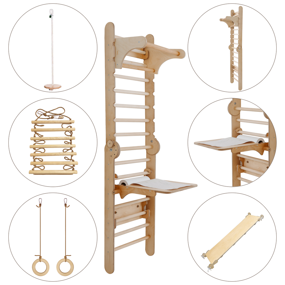 5in1: Wooden Swedish Wall / Climbing ladder for Children + Swing Set + Slide Board + Art Add-on