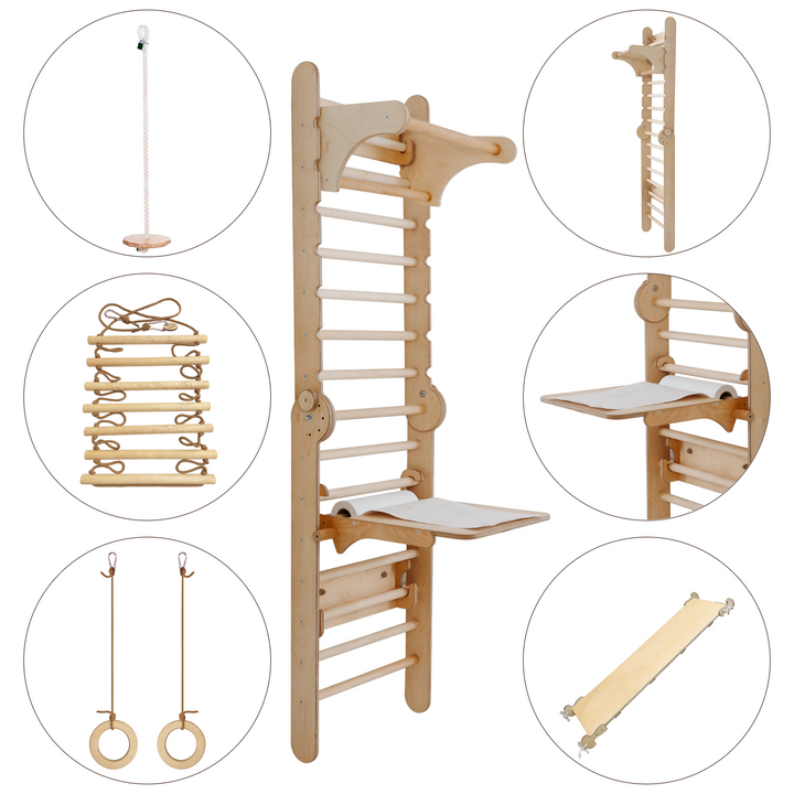 5 in 1 Climbing Set: Adjustable Pikler Triangle + Swedish Ladder Wall Attachments + Reversible Ramp + Swing Set + Desk/Easel Attachment