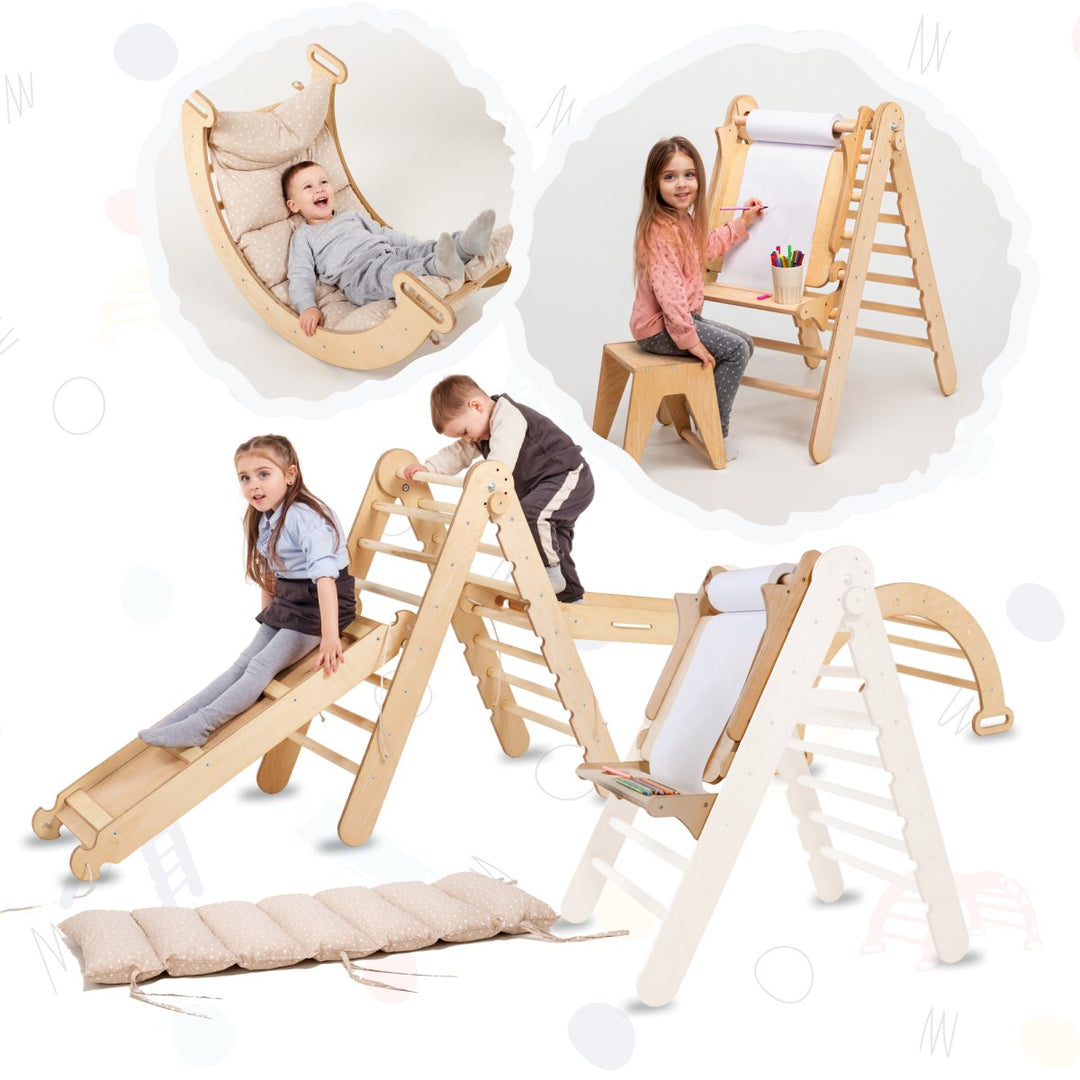 6 In 1 Montessori Climbing Frame Set: Triangle Ladder + Arch/Rocker + Slide/Ramp + Net + Cushion + Art Addition