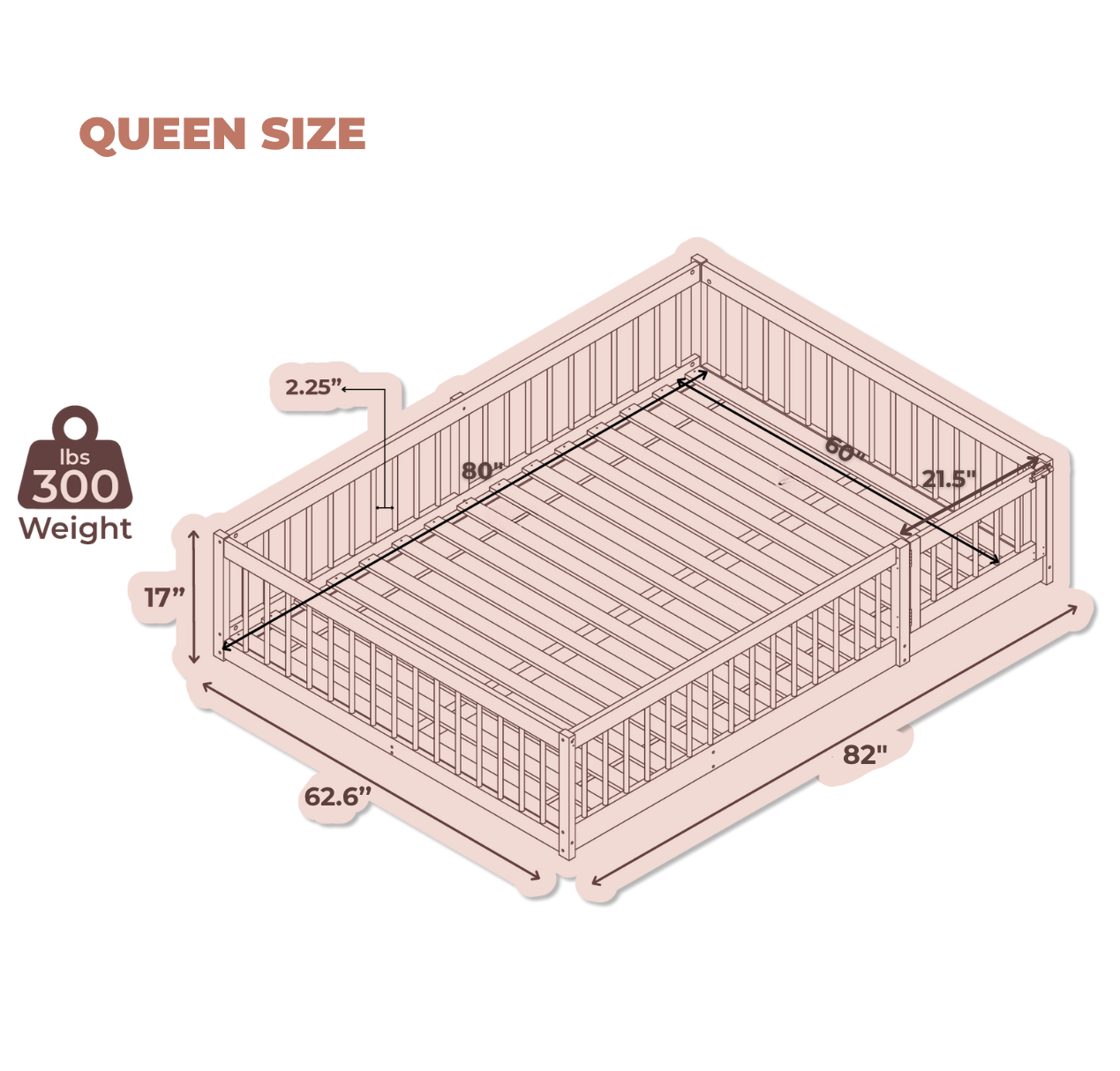 Dream Raft Floor Bed queen size dimensions diagram