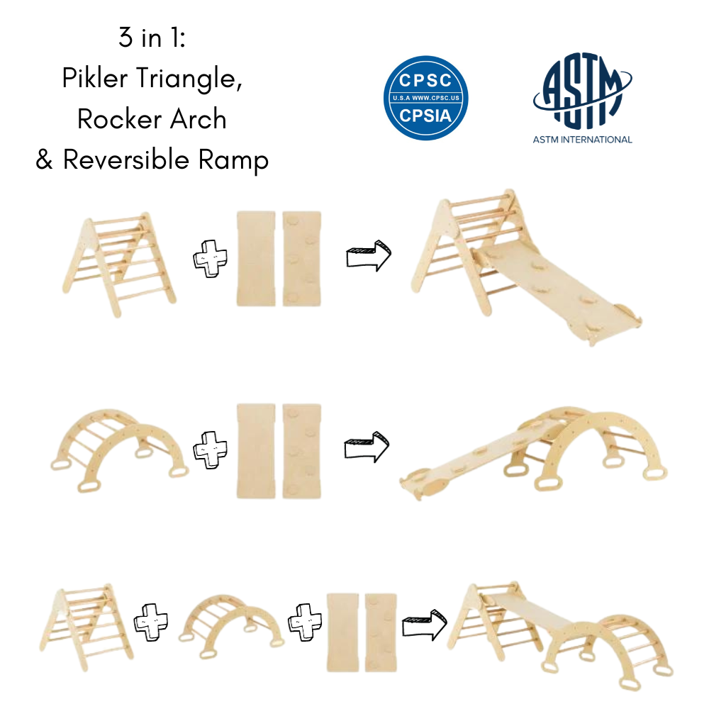 Wooden Pikler Triangle, Rocker and Reversible Ramp Set
