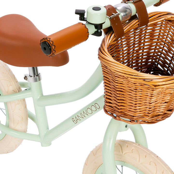Banwood First Go balance bike Pale Mint, saddle, grips and basket