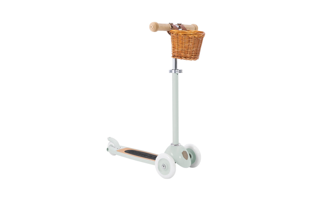 Banwood Vintage 3 Wheel Scooter in Pale Mint with wicker basket