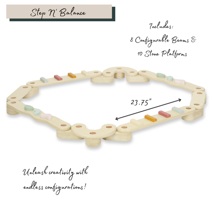 Wooden toy with configurable beams and stone platforms on a white background