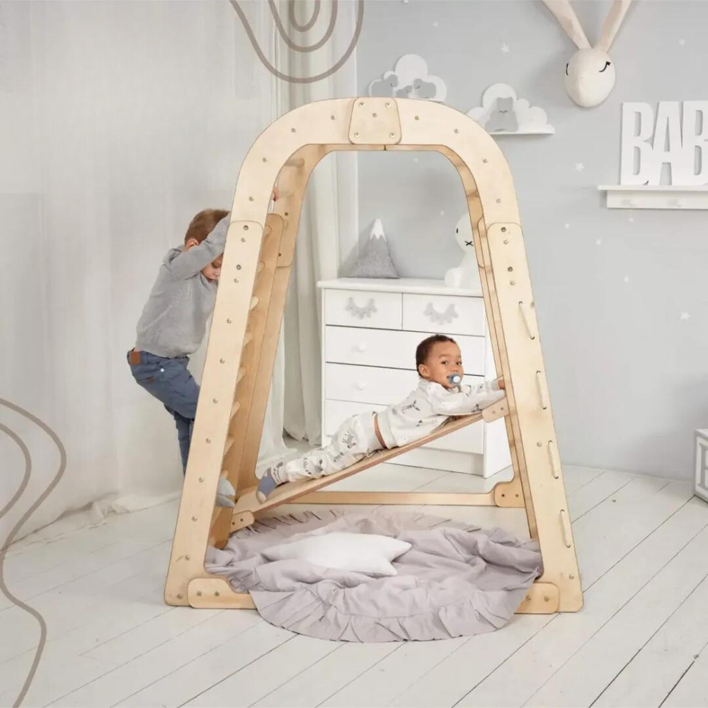 6 In 1 Wooden Climbing Frame: Climber + Swings Set + Slide Board
