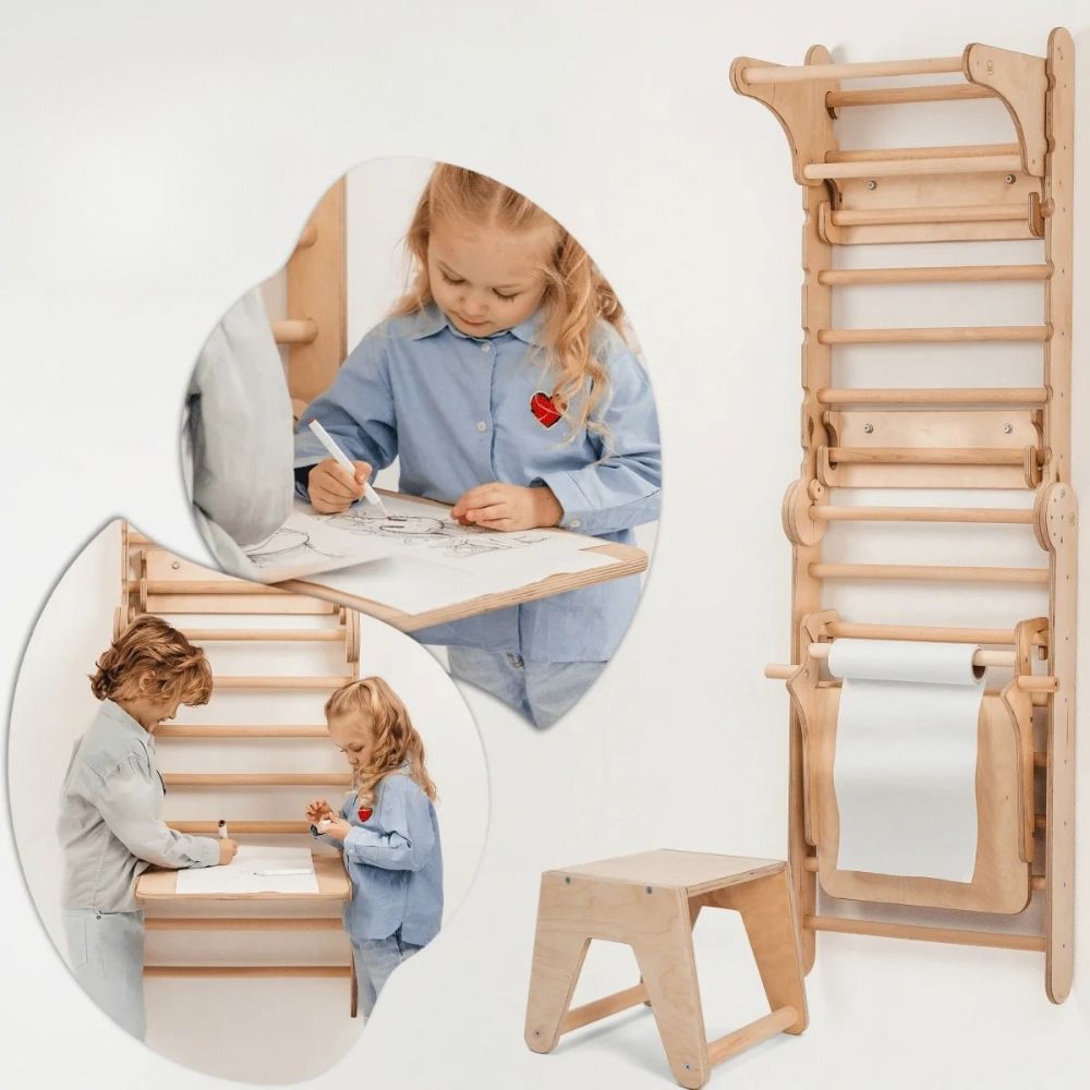 5 in 1 Swedish Wall Climbing Set with Triangle, Ramp, Swing and Desk