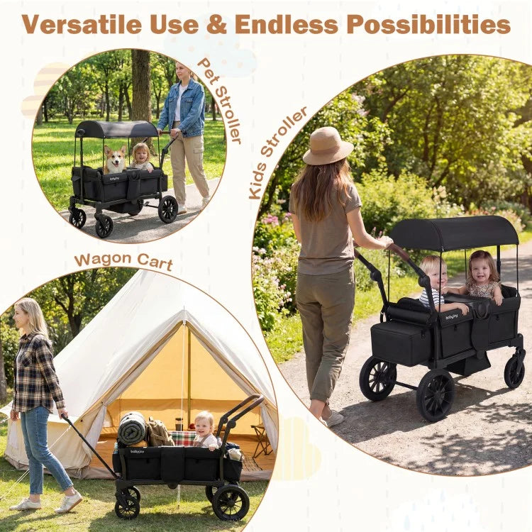 Foldable 2-Seater Wagon Stroller with Removable Canopy