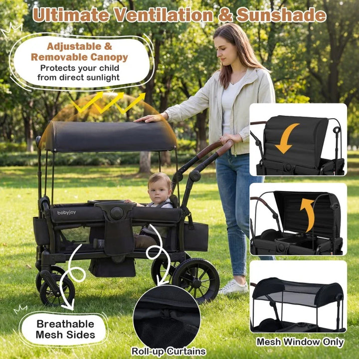 Foldable 2-Seater Wagon Stroller with Removable Canopy