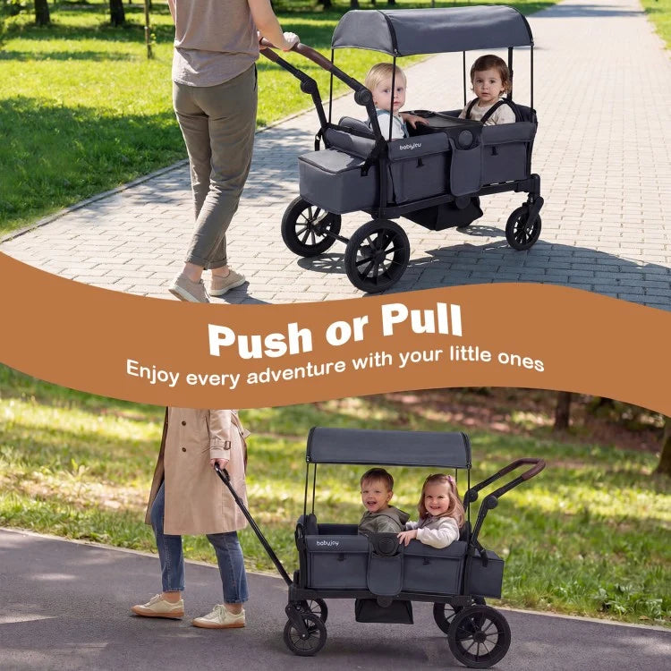 Foldable 2-Seater Wagon Stroller with Removable Canopy