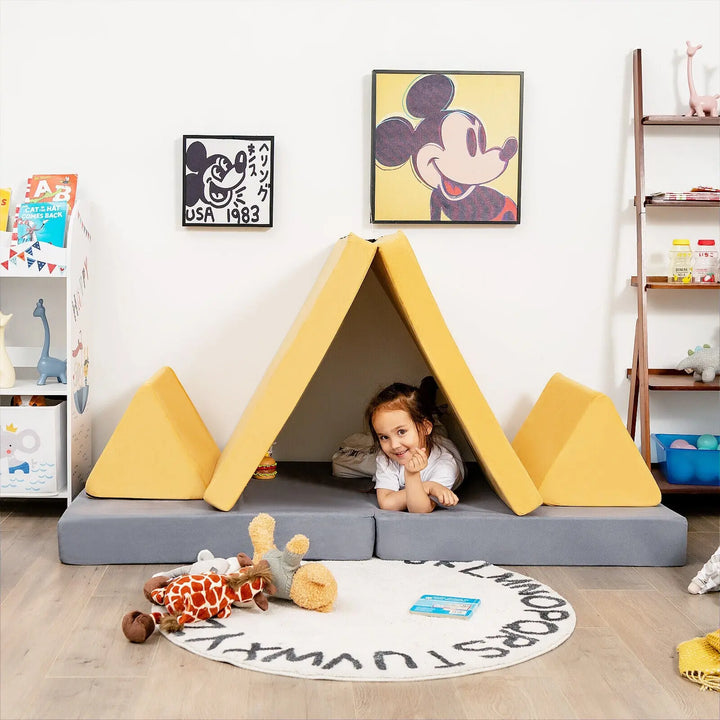 Kid Playing In A Yellow & Grey Modular Play Couch
