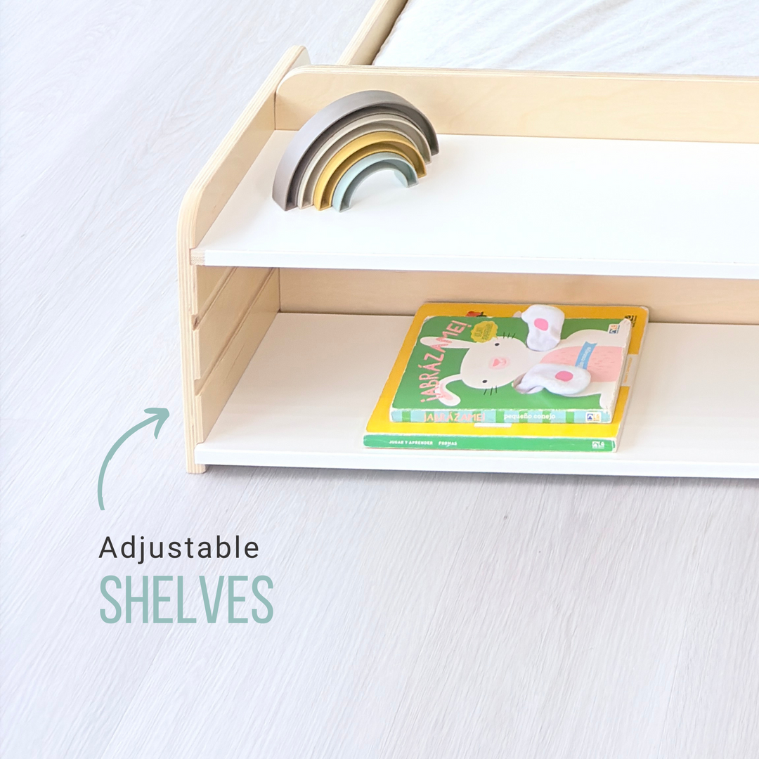 Montessori Floor Bed With Rails & Shelf (FULL) Made In Canada