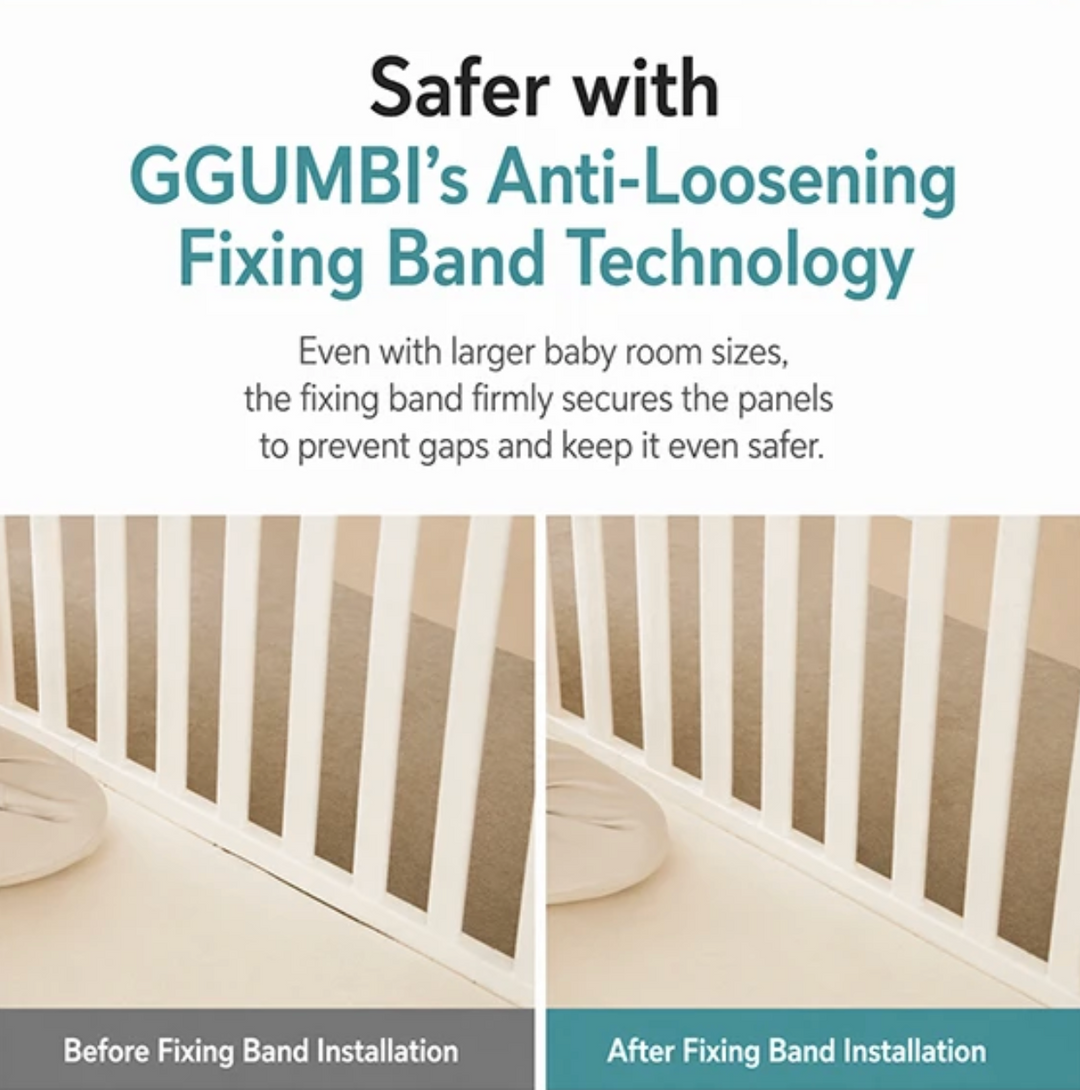 Advertisement for GGUMBI's Anti-Loosening Fixing Band Technology with before and after images of a crib.